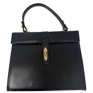 VTG 1950s Black Leather Accordion Handbag Structured Top Handle Purse Retro